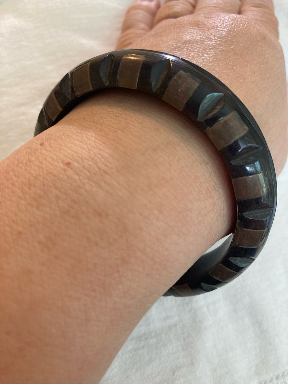 Carved Wood Vintage Bangle Bracelet Black Brown